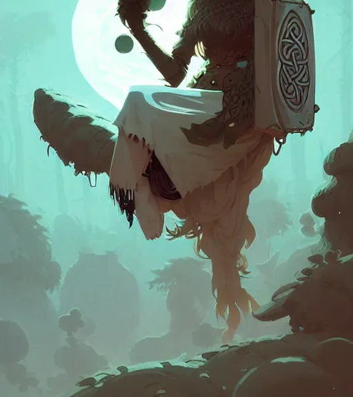 Image similar to celtic naturepunk with druid by atey ghailan, by greg rutkowski, by greg tocchini, by james gilleard, by joe fenton, by kaethe butcher, dynamic lighting, gradient light blue, brown, blonde cream and white color scheme, grunge aesthetic