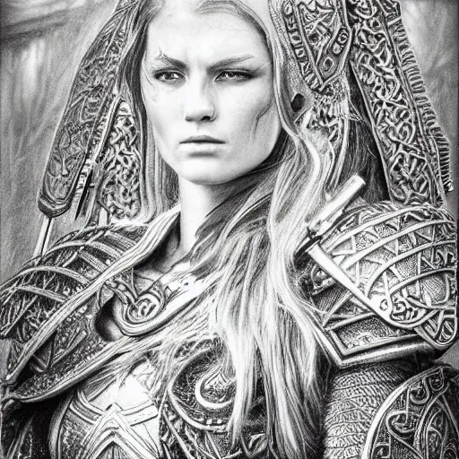 Image similar to hyper realistic pencil drawing of a viking princess, intricate detail, beautiful, battle armor, war, fight, light, dragon, colorful