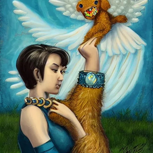 Image similar to angelical woman with her chained giant monster pet. art.