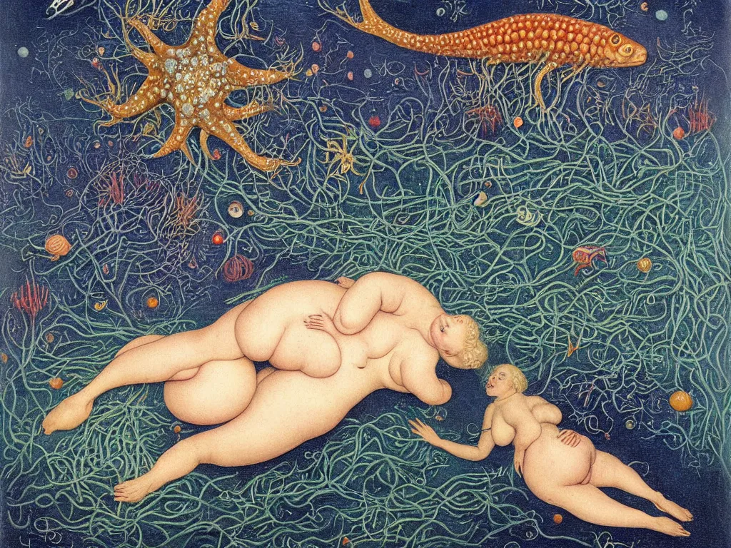 Prompt: Pregnant albino woman at the bottom of the ocean. Starfish, urchins, copepods, sea weed, rust, glowing eyes, phosphorescent cuttlefish. Painting by Lucas Cranach, Rene Magritte, Jean Delville, Max Ernst, Maria Sybilla Merian