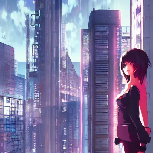 Image similar to a girl stands on top of a multi-storey building, anime style, 4k, cyberpunk city in the background, very detailed, by Ilya Kuvshinov