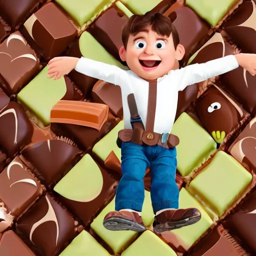 Image similar to a boy with a jetpack flying above a sea of chocolate, white background, pixar animation style,