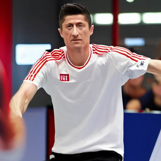 Image similar to Robert Lewandowski playing table tennis on a tournament, table tennis racquet in his hand, high quality news photography