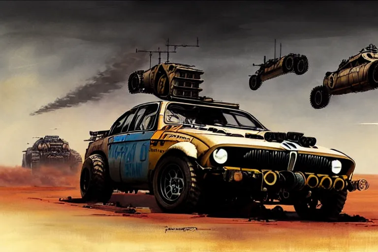 Prompt: dieselpunk mad max's bmw m 1 4 wd offroad pursuit special : : speeding over the horizon : : painted by greg rutkowski makoto shinkai takashi takeuchi studio ghibli, akihiko yoshida