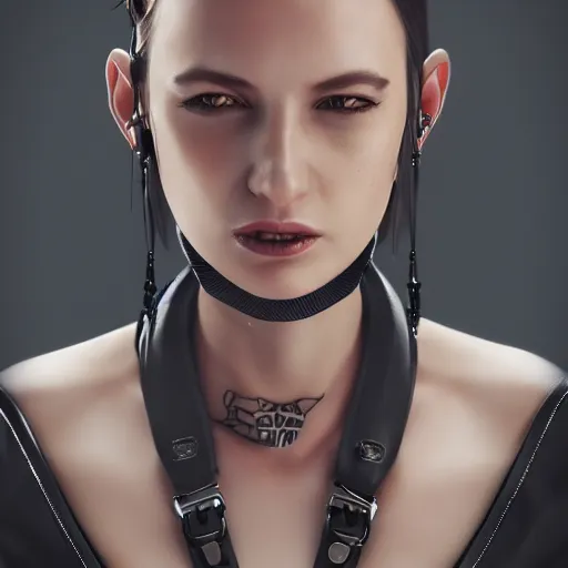 Prompt: detailed realistic female character cyberpunk wearing thick leather collar around neck, realistic, art, beautiful, 4K, collar, choker, collar around neck, punk, artstation, detailed, female, woman, choker, cyberpunk, punk, collar, choker, collar around neck,