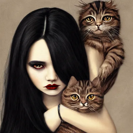 Image similar to a painting of an emo mexican woman with long dark hair thick eyebrows dark eyes and dark circles wide nose big eyes oval face shape big cheeks holding her cat, photorealistic painting by tran nguyen and ilya kuvshinov, featured on deviantart, gothic art, goth, gothic, detailed painting