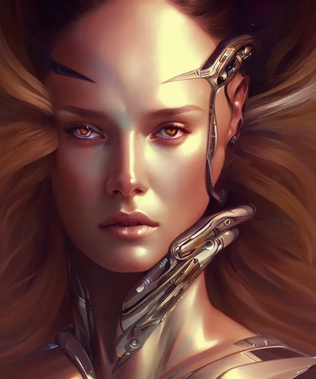 Image similar to futuristic woman portrait, sci-fi, amber eyes, face, long hair, fantasy, intricate, elegant, highly detailed, digital painting, artstation, concept art, smooth, sharp focus, illustration, art by artgerm and greg rutkowski and alphonse mucha