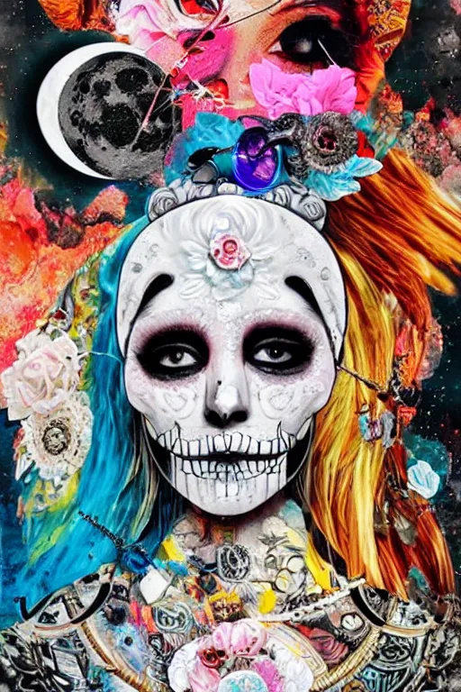 Prompt: Moon Goddess, contemporary, collage, maximalist style, digital painting, 4k, HDR, moon, skull, punk, steampunk, fashion, soft, vintage sharp focus, art by Sandra Chevrier, John Hoyland, teamLab