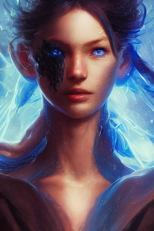 Image similar to a fancy close up portrait of a beautiful light mage covered in deep blue aura by Greg Rutkowski, Sung Choi, Mitchell Mohrhauser, Maciej Kuciara, Johnson Ting, Maxim Verehin, Peter Konig, final fantasy , mythical, 8k photorealistic, cinematic lighting, HD, high details, atmospheric,