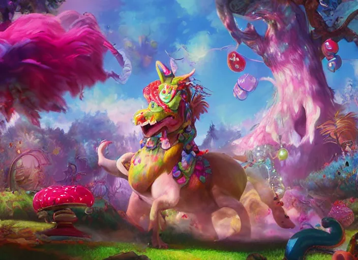 Image similar to riding a gigantic cute creature through a candy-themed fantasy land, dappled lighting, detailed photograph