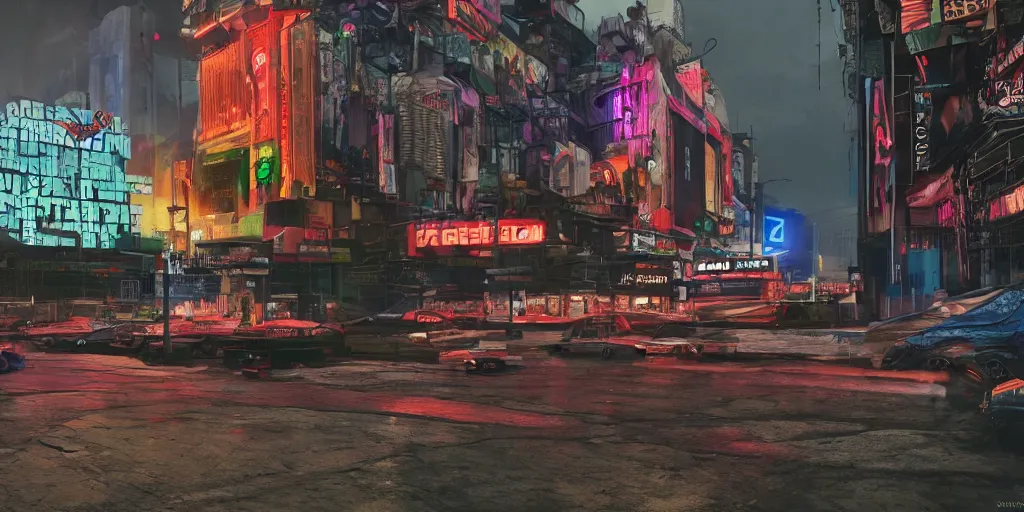 Image similar to a 3 d rendered in unreal engine guatemalan cyberpunk city with neon ads and signs with evocative dramatic mood with blade runner vibe with cars with motion blur with depth of field with bloom with lightshaft with volumetric lights, fog, by scott robertson, oscar winning graphics, photo realistic, bloom, imax, dynamic lighting, artstation,