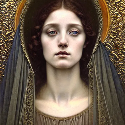 Image similar to detailed realistic beautiful young medieval queen face portrait by jean delville, tom bagshaw, brooke shaden, gustave dore and marco mazzoni, art nouveau, symbolist, visionary, gothic, pre - raphaelite, ornate gilded medieval icon, surreality, ethereal, unearthly, haunting, celestial, neo - gothic, ghostly, memento mori, otherworldly