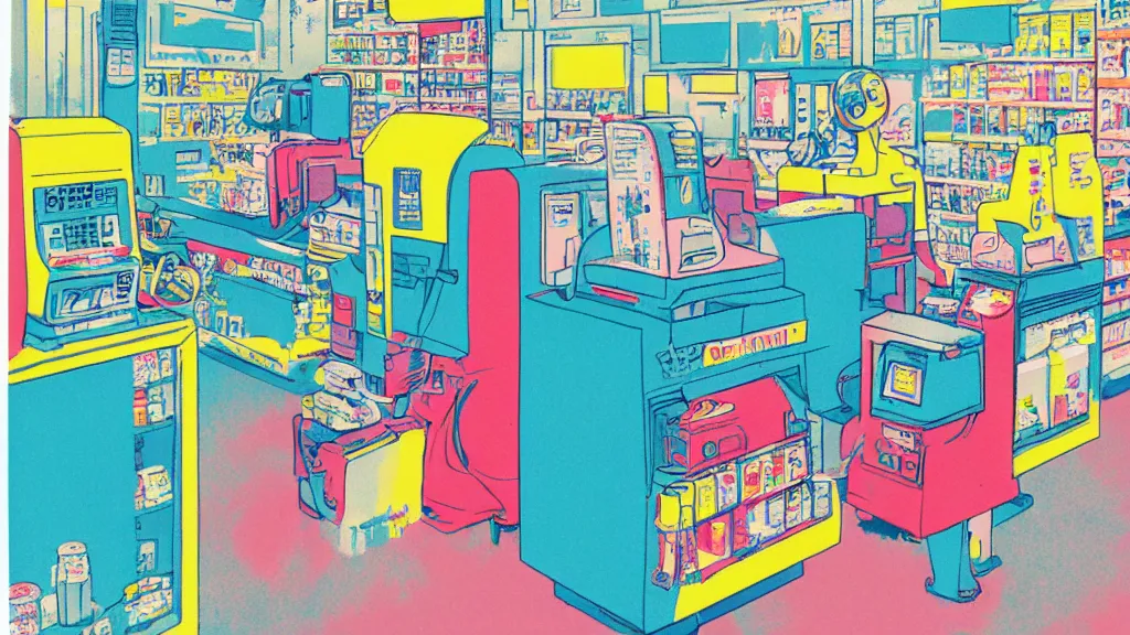 Prompt: cmyk risograph print cynical convenience store robo - cashier