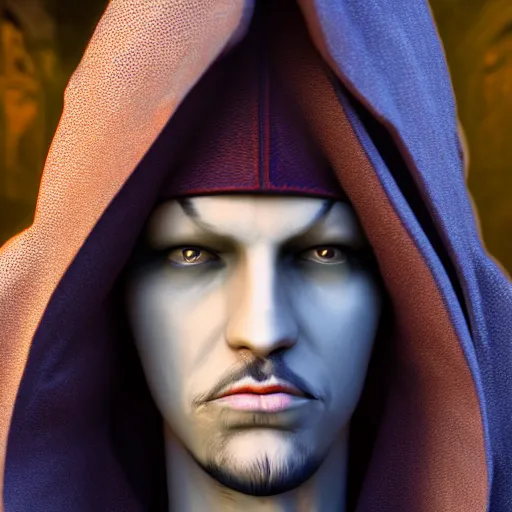 Image similar to a digital art close up portrait of hooded bard in style of d & d character, handsome warlock character sheet, light clown makeup, 4 k, ultra detail, volumetric lighting, unreal engine, octane render, grimdark