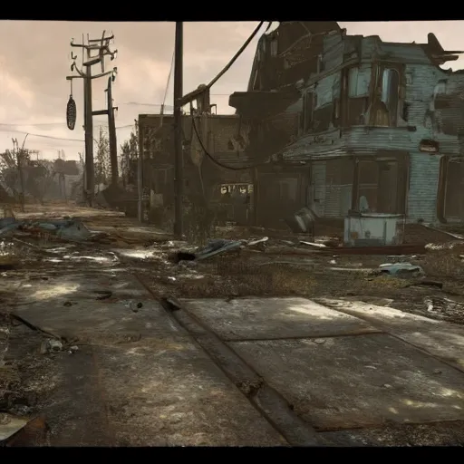 Image similar to tornado in tornado alley, town in ruins post - nuclear war in fallout 4, in game screenshot