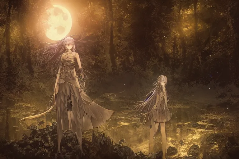 Image similar to goth woman in a moonlight view, in a forest, a river, tankoban, 4 k, tone mapping, akihiko yoshida, james jean andrei riabovitchev marc simonetti, yoshitaka amano, long hair, curly, h. hydrochaeri