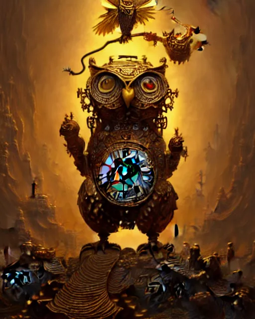 Image similar to oil painting of ornate intricate golden Steampunk owl Golem fighting chinese dragon, sharp focus, fantasy style, steampunk city background, octane render, volumetric lighting, 8k high definition, by greg rutkowski, highly detailed, trending on art Station