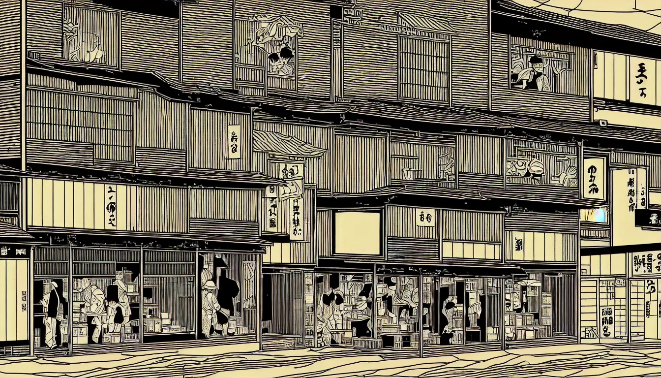 Prompt: old japanese shops by dan mumford and peter doig and edward hopper, symmetrical, minimal, black ink, thick lines highly detailed, muted colours 8 k