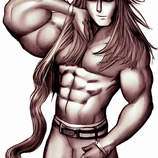 Image similar to well built man, rusty long hair, anime, high details,