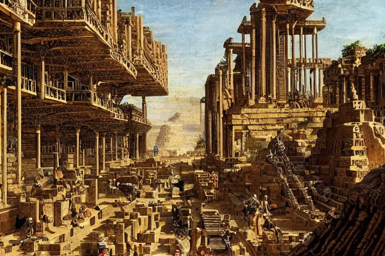 Image similar to ancient city of Babylon, hanging gardens of babylon. Robot mechas roaming the streers of ancient babylon. By isaac newton, highly detailed