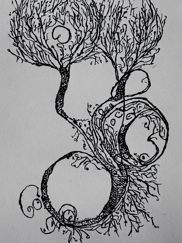 Image similar to an ink pen drawing of an acorn that turns into a tree in the shape of a treble clef with a few scattered leaves, simple and messy