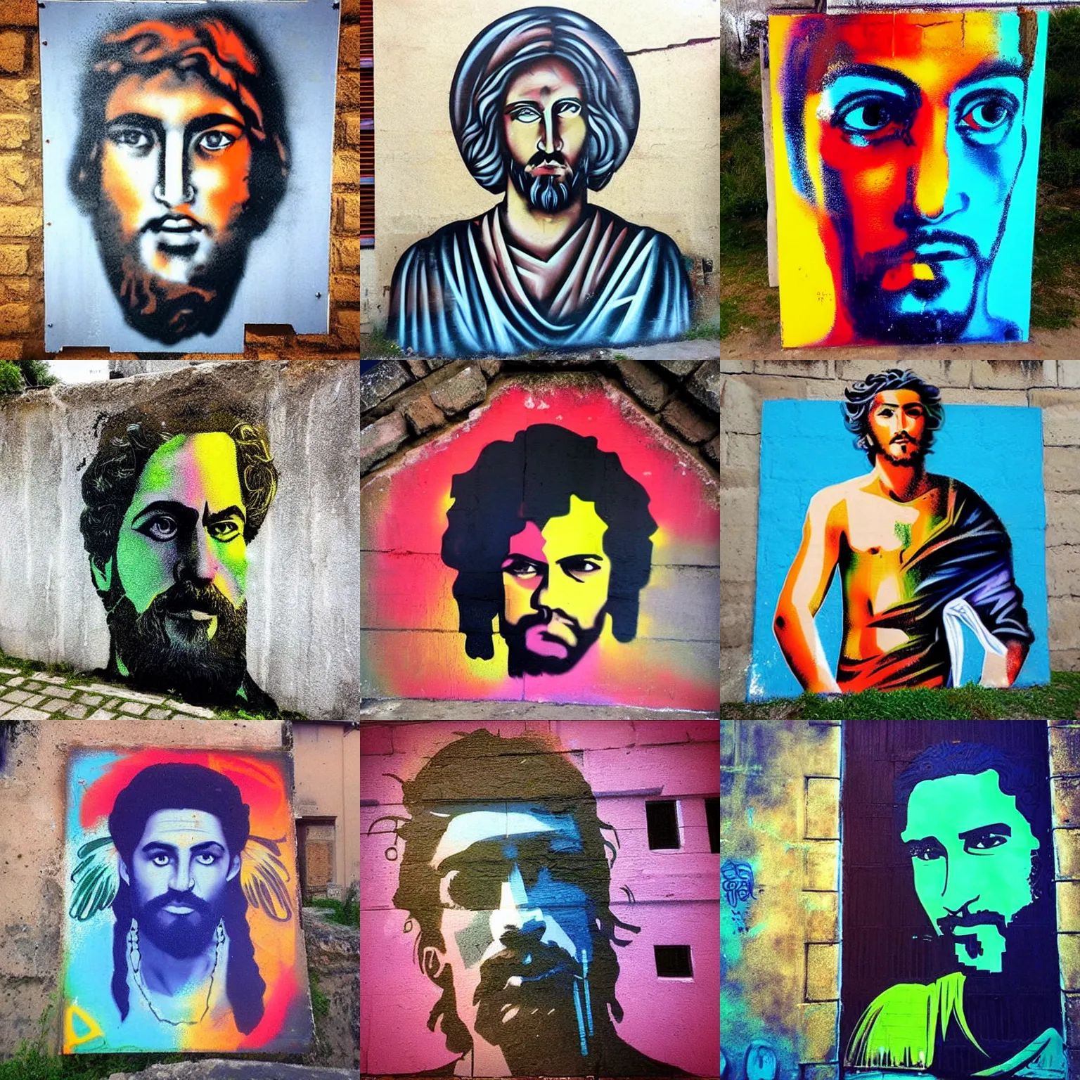 Prompt: “Spray paint stencil portrait of a Greek God on the city wall, colorful, but very good looking”