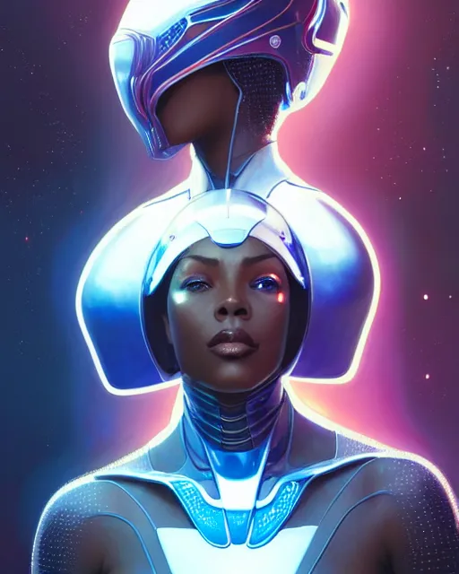 Image similar to Portrait of very very very very very very beautiful black woman, spacesuit, futuristic cybernetic helmet, blue eyes, real life skin, intricate, elegant, highly detailed, artstation, concept art, smooth, sharp focus, art by artgerm and greg rutkowski and alphonse mucha