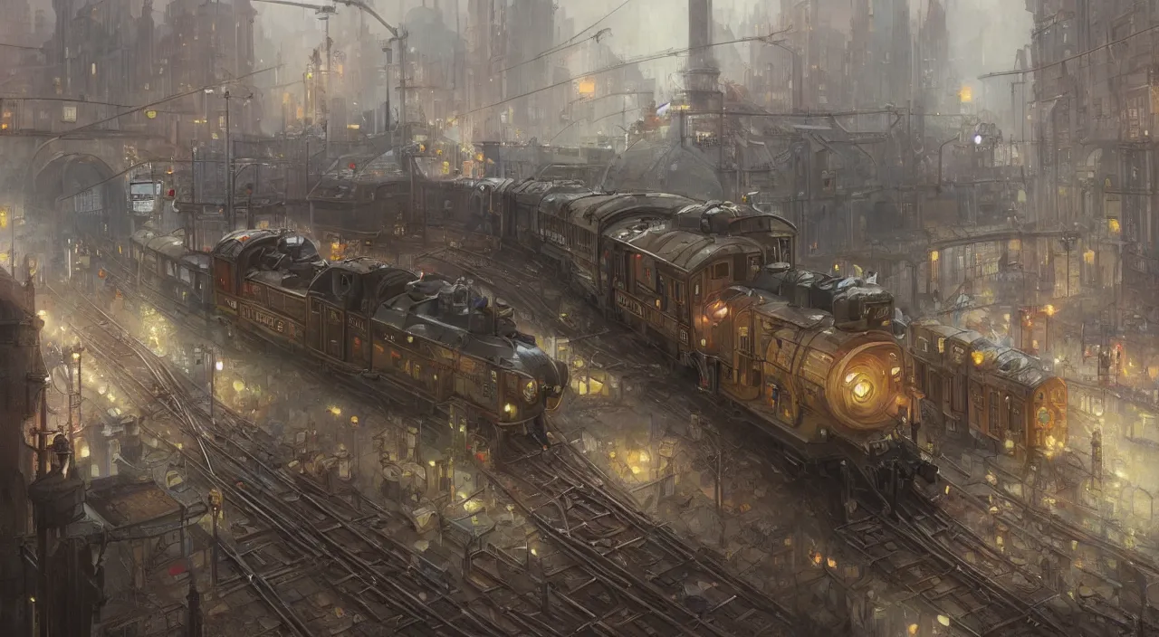 Prompt: subway station with an arriving steam train, highly detailed, digital painting, artstation, concept art, smooth, sharp focus, steampunk illustration, art by greg rutkowski and alphonse mucha