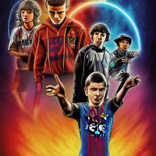 Image similar to messi, stranger things cover art, art by stephen bliss