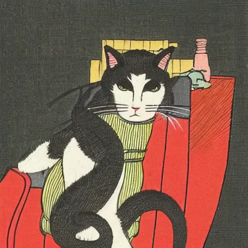 Prompt: A cat plotting to take over the world, in the style of Ukiyo-e