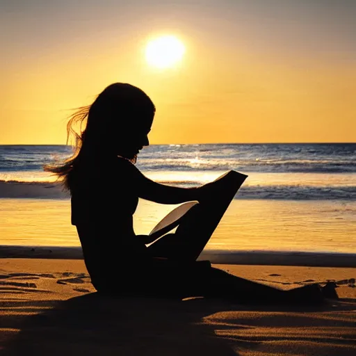 Prompt: girl reading a book, beach, golden hour, sun in frame, wavy water, digital art