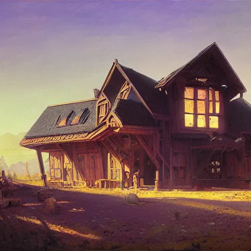 Prompt: painting of syd mead artlilery scifi organic shaped wood house with ornate metal work lands on a farm, fossil ornaments, volumetric lights, purple sun, andreas achenbach