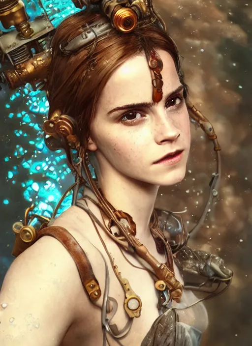 Image similar to underwater steampunk portrait of emma watson, au naturel, hyper detailed, digital art, trending in artstation, cinematic lighting, studio quality, smooth render, unreal engine 5 rendered, octane rendered, art style by klimt and nixeu and ian sprigger and wlop and krenz cushart.