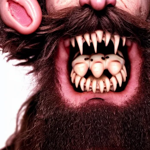 Prompt: bearded man with living teeth and tentacles in the style of the horror film The Thing 1982. Filmic.