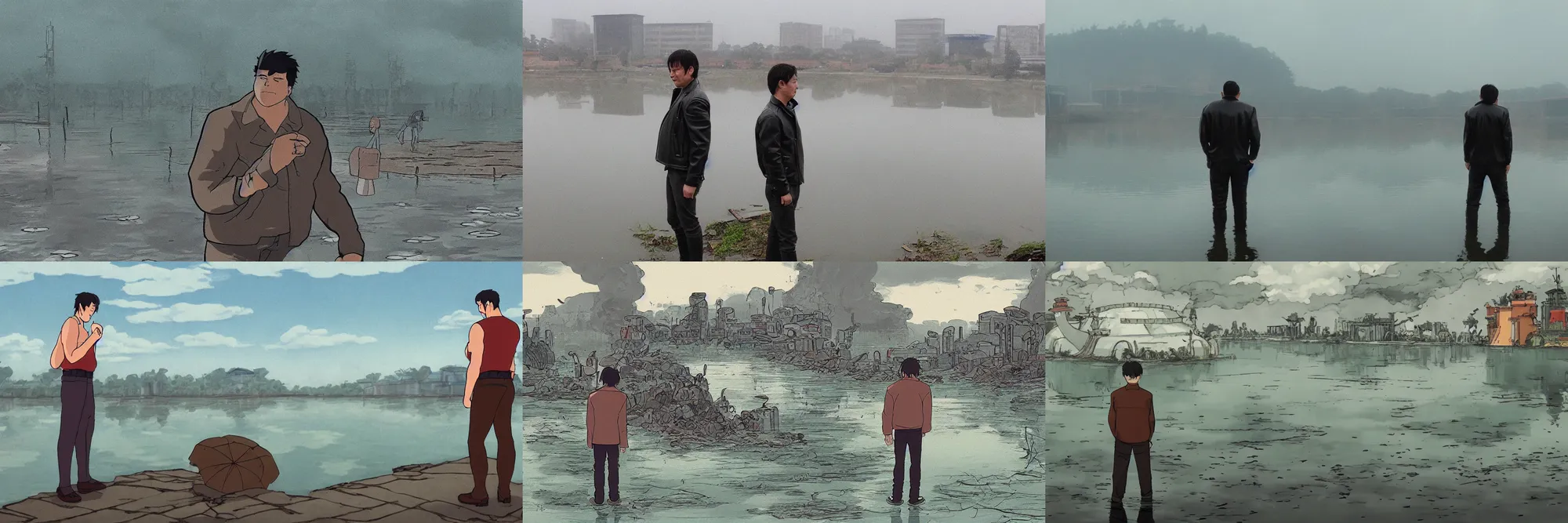 Prompt: strong man in a leather jacket watching a polluted lake, rainy, studio ghibli