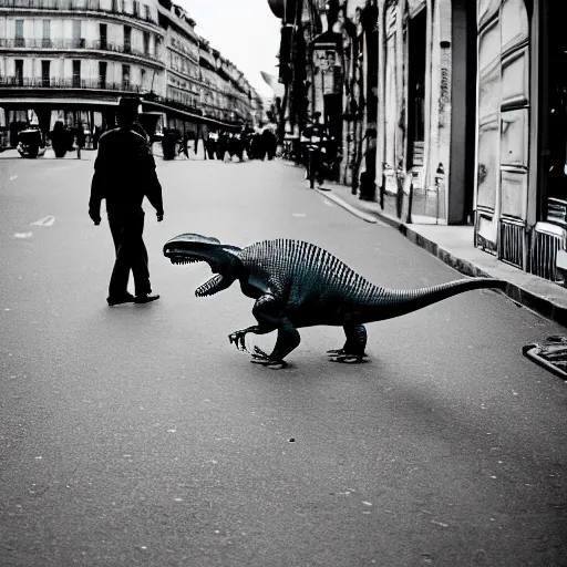 Image similar to french dinosaur walking in the streets of paris, 3 5 mm