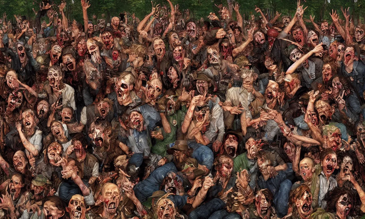 Image similar to a detailed digital art portait of undead backwoods rednecks in a mosh pit, art by norman rockwell, pixar style