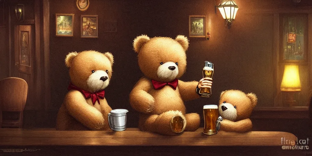 Prompt: teddy bear drinking beer at an english irish pub, natural lighting, dark and soft color scheme, intricate details, matte painting, children illustration, by hayao miyazaki