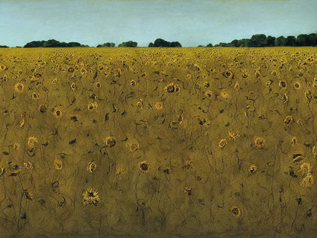 Image similar to Field of withered sunflowers and lotuses painted by Andrew Wyeth.