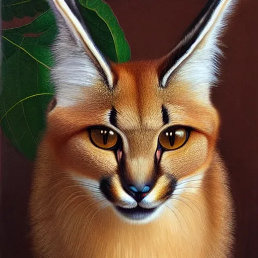 Image similar to fullbody portrait of cute fluffy caracal, wearing laurel wreath on his head, illustration, high detail, francine van hove