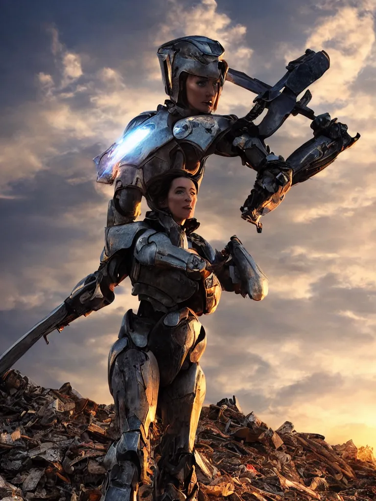 Prompt: emily blunt in futuristic power armor, close up portrait, solitary figure standing atop a pile of rubble, holding a sword on her shoulder, sunset and big clouds behind her