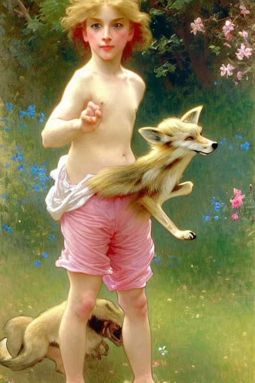 Prompt: a seven - year old with long curly dirty blonde hair, blue eyes, tan skin a pink tee shirt and shorts, playing with foxes, painting by daniel gerhartz, alphonse mucha, bouguereau, detailed art, artstation