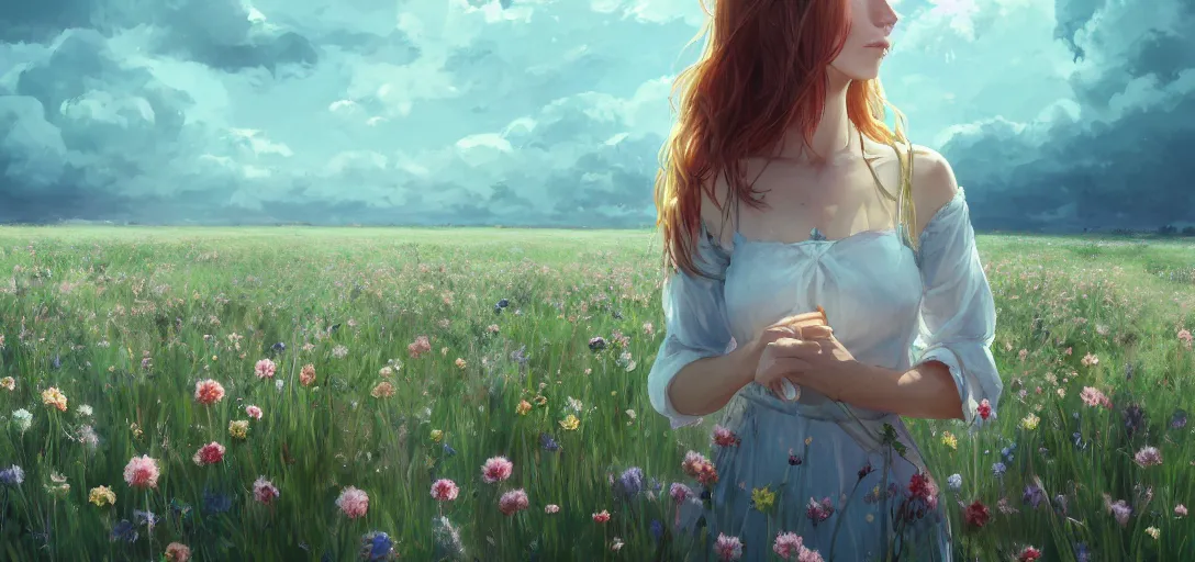 Image similar to a beautiful southern woman named Savannah, innocent, sad turquoise eyes, freckles, long ginger hair tied with white ribbon, relaxed in a field of flowers on a farm, gentle lighting, storm in the distance, somber, western clothing, dress, digital art by Makoto Shinkai ilya kuvshinov and Wojtek Fus, digital art, concept art,