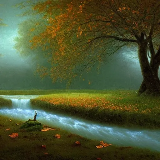 Prompt: A beautiful painting of the wind blowing leaves off a tree in the middle of an empty serene landscape with a river flowing in the distance, cloudy, rainy, ultra realistic, by Albert Bierstadt and Gediminas Pranckevicius