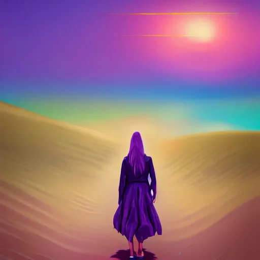 Image similar to portrait, giant purple dahlia flower head, girl walking between dunes, surreal photography, sunrise, blue sky, dramatic light, impressionist painting, digital painting, artstation, simon stalenhag