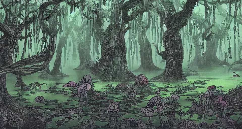 Prompt: A dense and dark enchanted forest with a swamp, from One piece