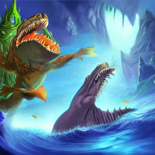 Image similar to 🦈 🐊 🐈 , fantasy digital art, magical background in the style of hearthstone artwork