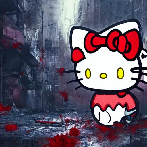 Prompt: hello kitty drenched in blood in a post - apocalyptic dystopian destroyed cityscape, digital art, artstation, high resolution