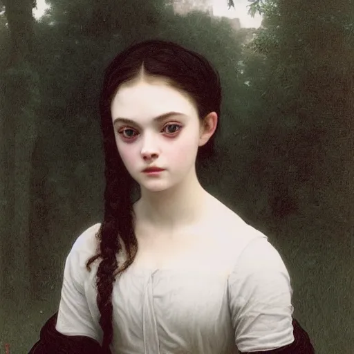 Image similar to A cursed haunted horror masterpiece head and shoulders portrait of Elle Fanning by William Adolphe Bouguereau and Junji Ito