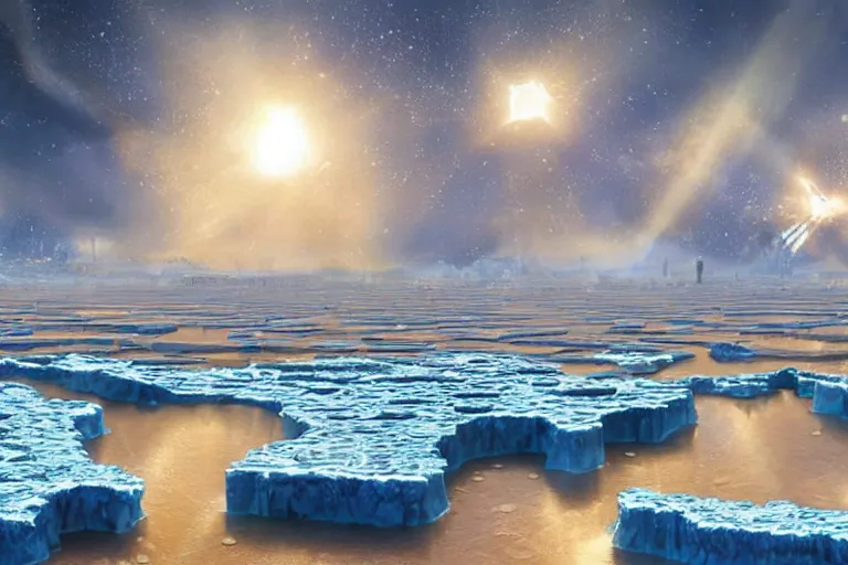 Image similar to futuristic luxurios street with Singaporean gold waterfalls, white and royal blue theme, advanced civilization, UHD, at Salar De Uyuni, Hexagonal formations on the surface of salt crystallization, sandwiched between sedimentary deposits, bubbling geysers, marvellous reflection of the sky, digital painting, concept art, smooth, sharp focus, from Star Trek 2021, illustration, by WLOP and Ruan Jia and Mandy Jurgens and William-Adolphe Bouguereau, Artgerm